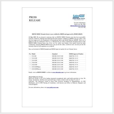 RHINO SHOE Ultranite Series certified by SIRIM & approved by DOSH(JKKP)