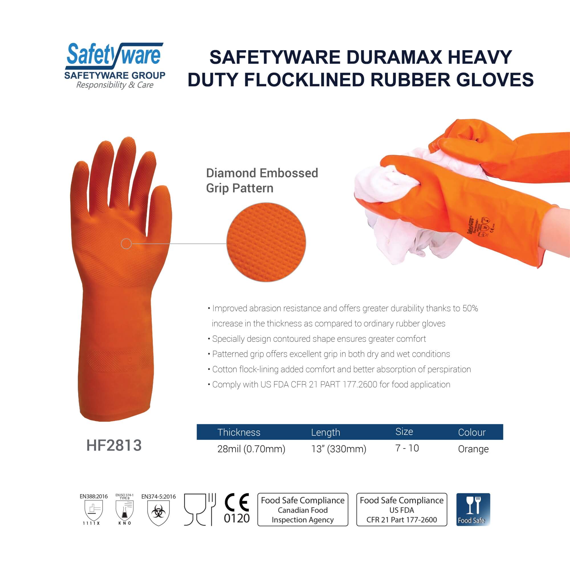 SAFETYWARE Duramax™ HF2813 Heavy Duty Flocklined Rubber Gloves