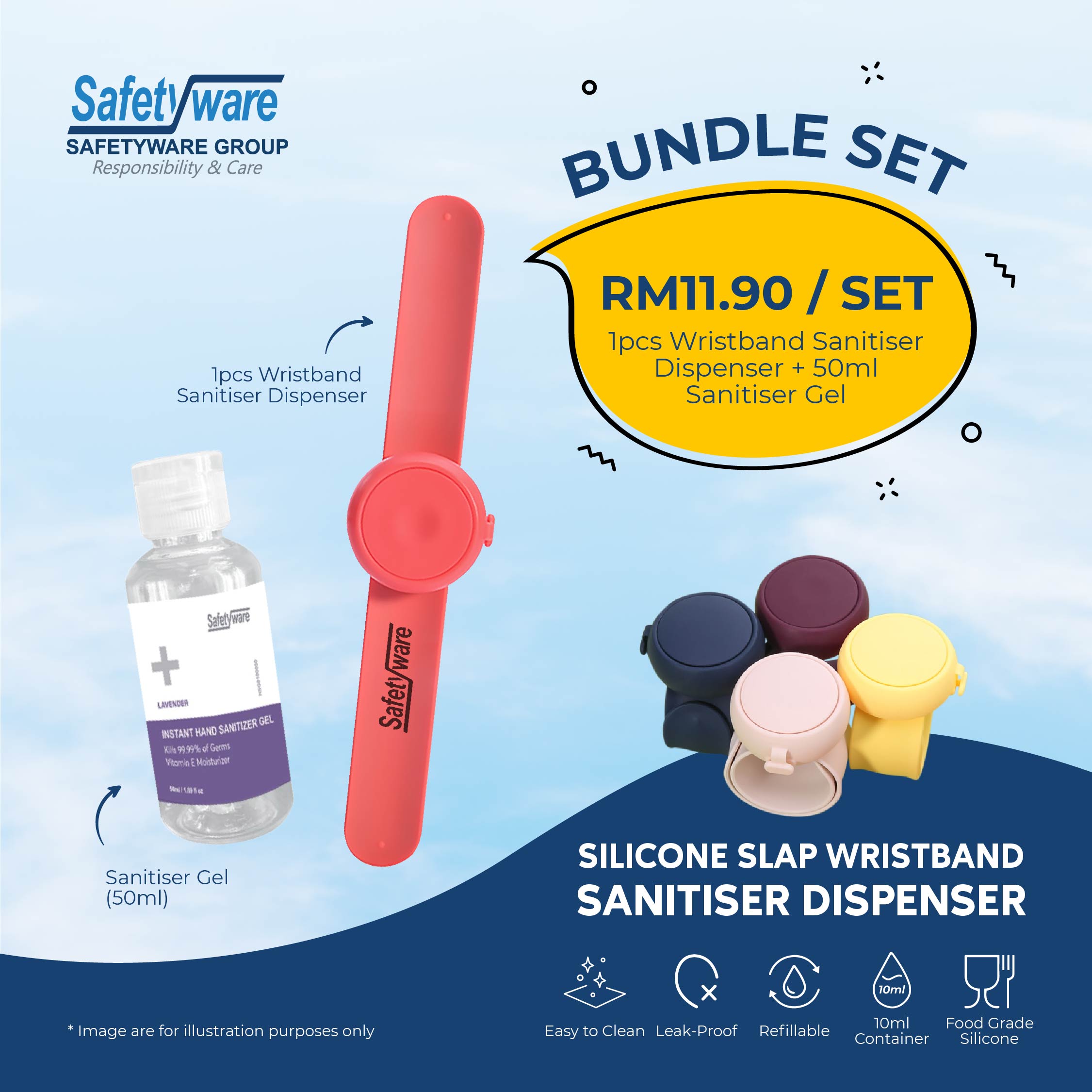 SAFETYWARE Silicone Slap Wristband Sanitiser Dispenser Bundle Set Promotion