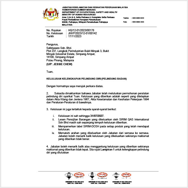 SAFETYWARE PVC Apron - DOSH Approval Letter