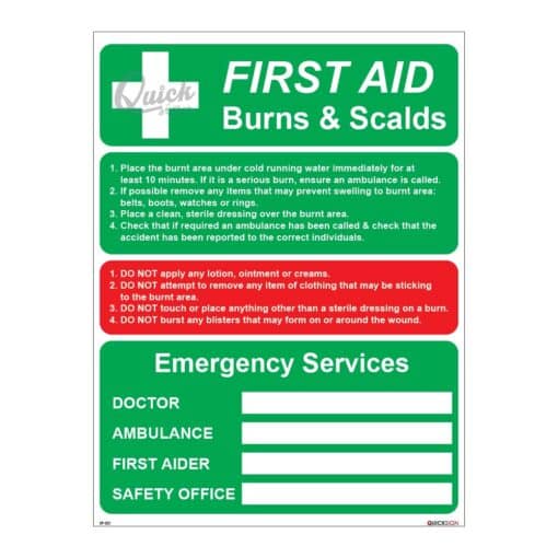 QUICKSIGN SAFETY PROCEDURE SIGNS - SP021 FIRST AID Burns & Scalds