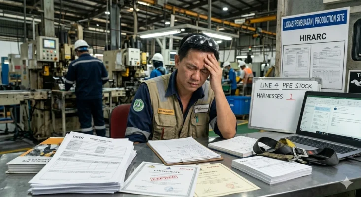 A visual representation of 'administrative friction' on a Malaysian factory floor. This candid photo captures an EHS inspector in Penang, his hand pressed to his temple, visibly overwhelmed by a cluttered desk. He is surrounded by manual paperwork: a DOSH incident report log, handwritten inspection forms, expired employee certifications, and a small whiteboard manually tracking 'Line 4 PPE Stock' for harnesses. This fragmented approach is why safety data lives in spreadsheets and PPE is tracked on whiteboards, leading to compliance failures and wasted hours.