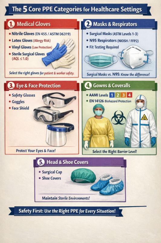 Medical gloves, Mask, Eye Protection, coverall and disposable shoes cover