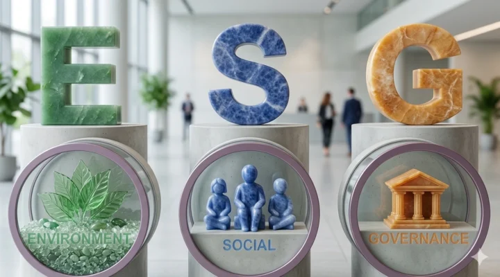 The image features a professional, high-fidelity 3D artistic rendering of the ESG acronym. The letters are presented as large, polished sculptures—E in green aventurine, S in blue sodalite, and G in orange calcite—resting on sleek concrete pedestals within a bright, minimalist corporate lobby.
Below each letter is a circular glass display case:
Environment: Contains vibrant green glass leaves and crystals.
Social: Features a stylized blue group of people.
Governance: Showcases a golden classical architectural structure representing institutional stability.
The background is softly blurred, showing a modern office interior with people in professional attire, emphasizing the real-world application of these values in business.