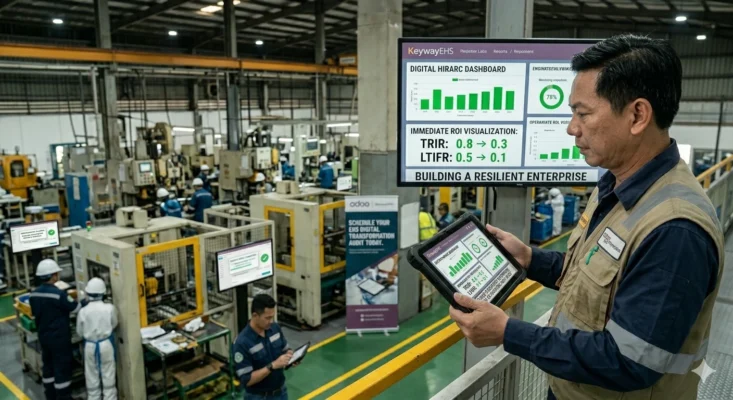 A Malaysian industrial specialist on a mezzanine overlooking a high-volume factory, holding a tablet synced to a large Digital HIRARC Dashboard. The screen shows immediate ROI metrics, including reductions in TRIR and LTIFR.