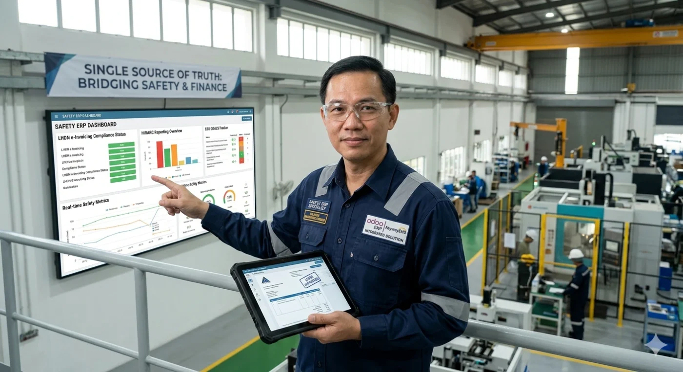 A professional Malaysian safety specialist pointing to a digital dashboard showing integrated Odoo ERP and KeywayEHS data, including HIRARC, ESG goals, and LHDN e-invoicing compliance in a factory setting.