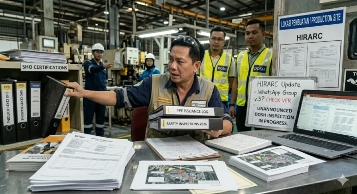 A stressed Malaysian safety officer scrambles through physical binders labeled "SHO Certifications" and "PPE Issuance Log" during an unannounced DOSH inspection. A whiteboard in the background highlights "HIRARC Update - WhatsApp Group v.3? CHECK VER.