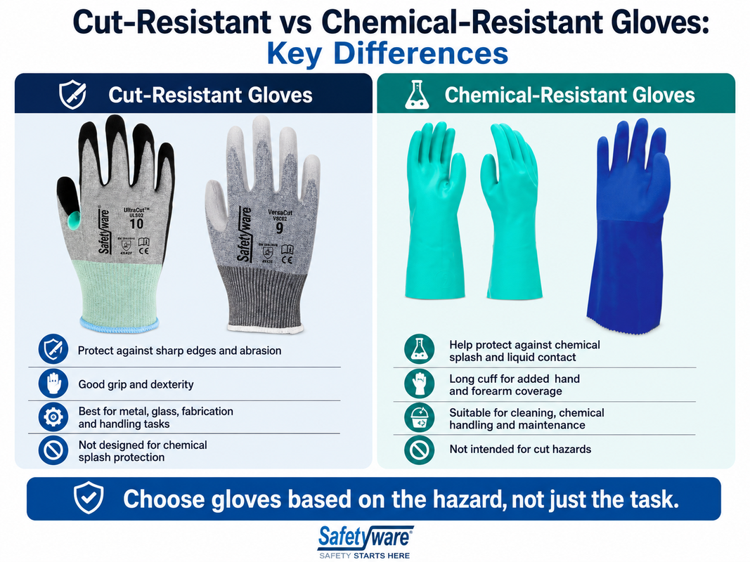 Comparison of SAFETYWARE cut-resistant and chemical-resistant gloves showing their protection, applications and limitations.