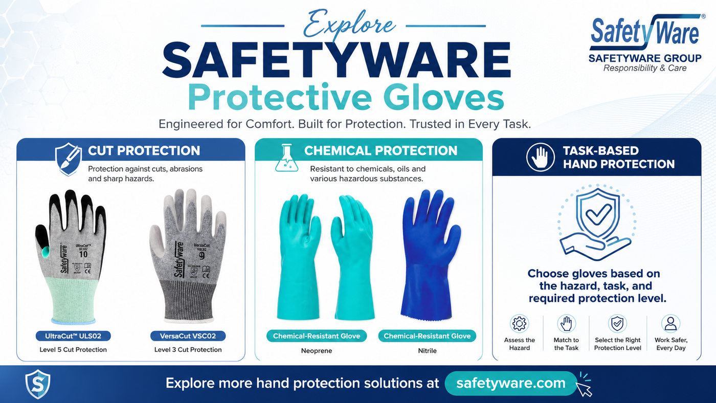 SAFETYWARE protective glove range featuring cut-resistant and chemical-resistant gloves for industrial hand protection.