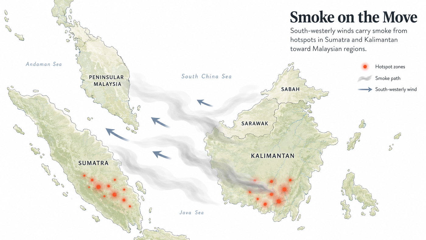 Smoke from forest hotspots carried by wind toward Malaysian cities