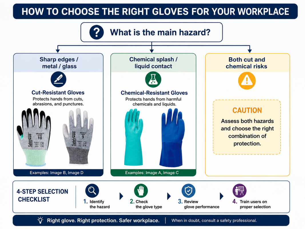 Guide to choosing cut-resistant, chemical-resistant or combined hand protection based on workplace hazards.