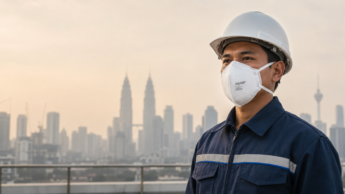 SAFETYWARE 8800 respirator protecting an outdoor worker during haze in Malaysia