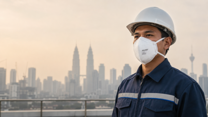 SAFETYWARE 8800 respirator protecting an outdoor worker during haze in Malaysia