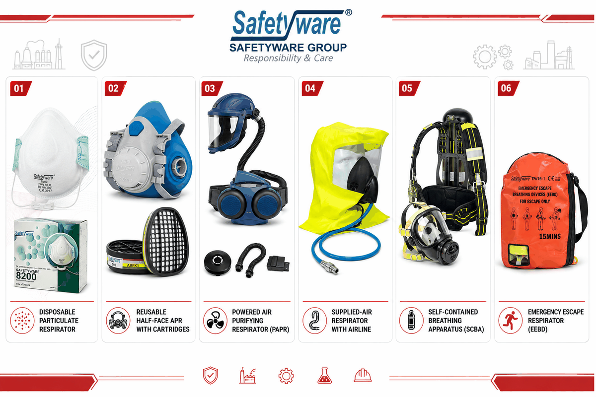 Main types of respiratory protective equipment including APR PAPR SAR and SCBA