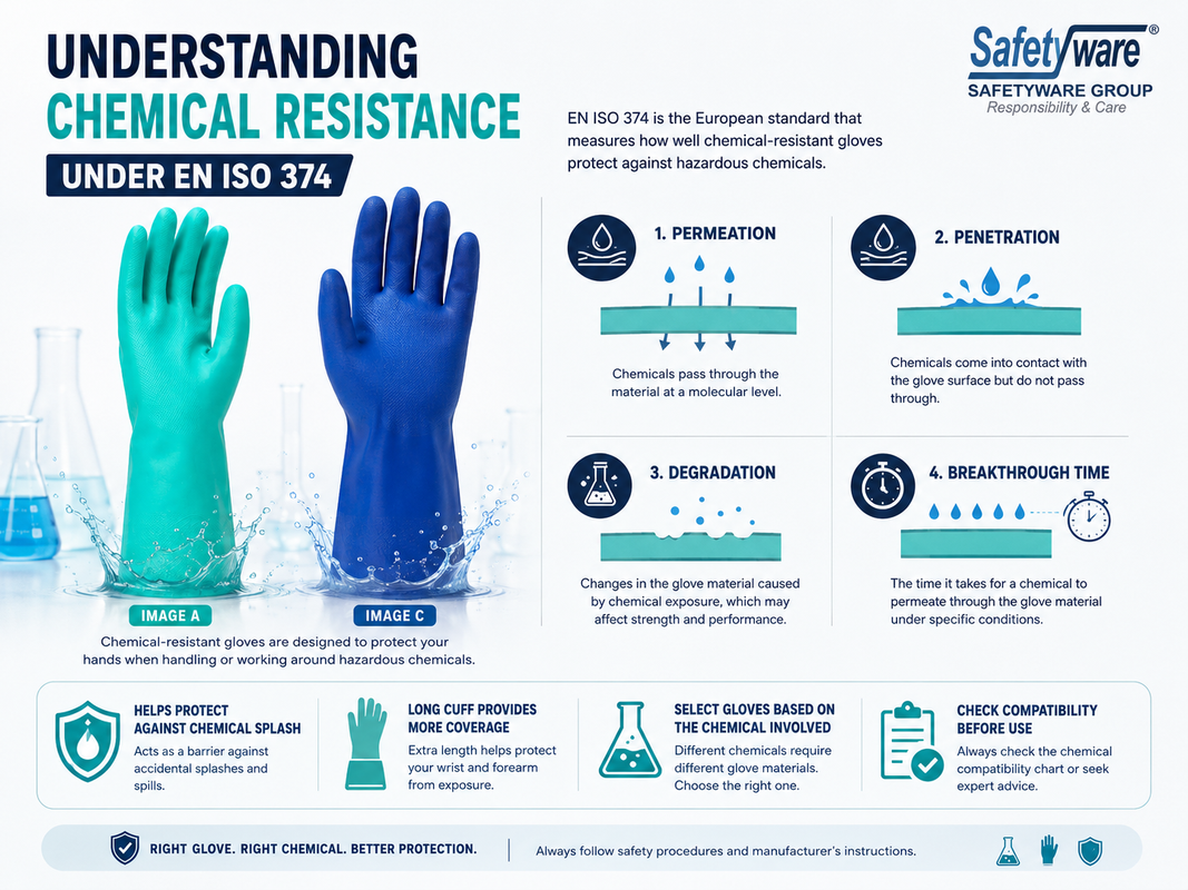 SAFETYWARE chemical-resistant gloves showing permeation, penetration, degradation and breakthrough time under EN ISO 374.