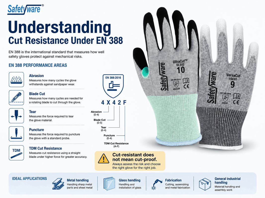 SAFETYWARE UltraCut ULS02 and VersaCut VSC02 gloves with EN 388 cut, abrasion, tear and puncture resistance explained.