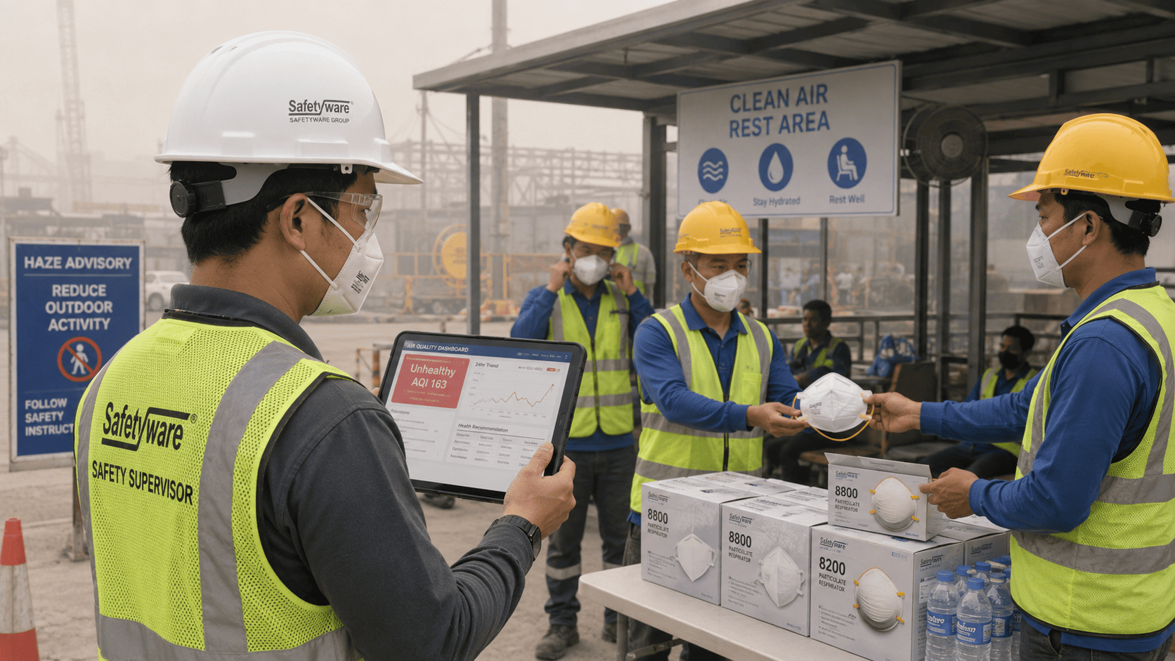Malaysian safety team checking API readings and distributing SAFETYWARE respirators