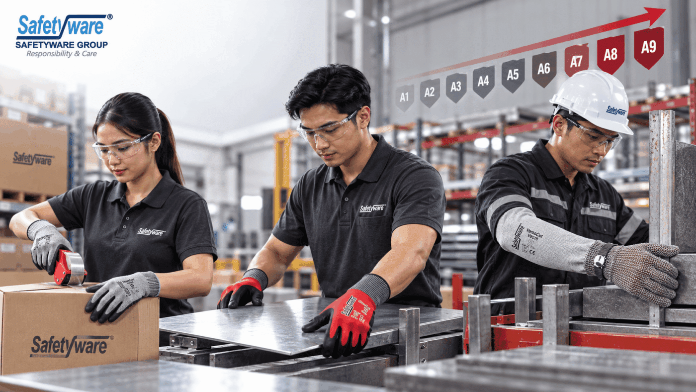 SAFETYWARE cut-resistant gloves illustrating ANSI cut resistance levels A1 to A9