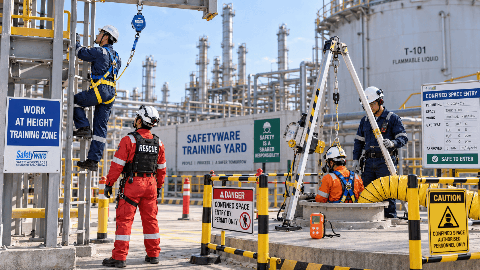 Fall protection and confined-space rescue equipment for petrochemical maintenance