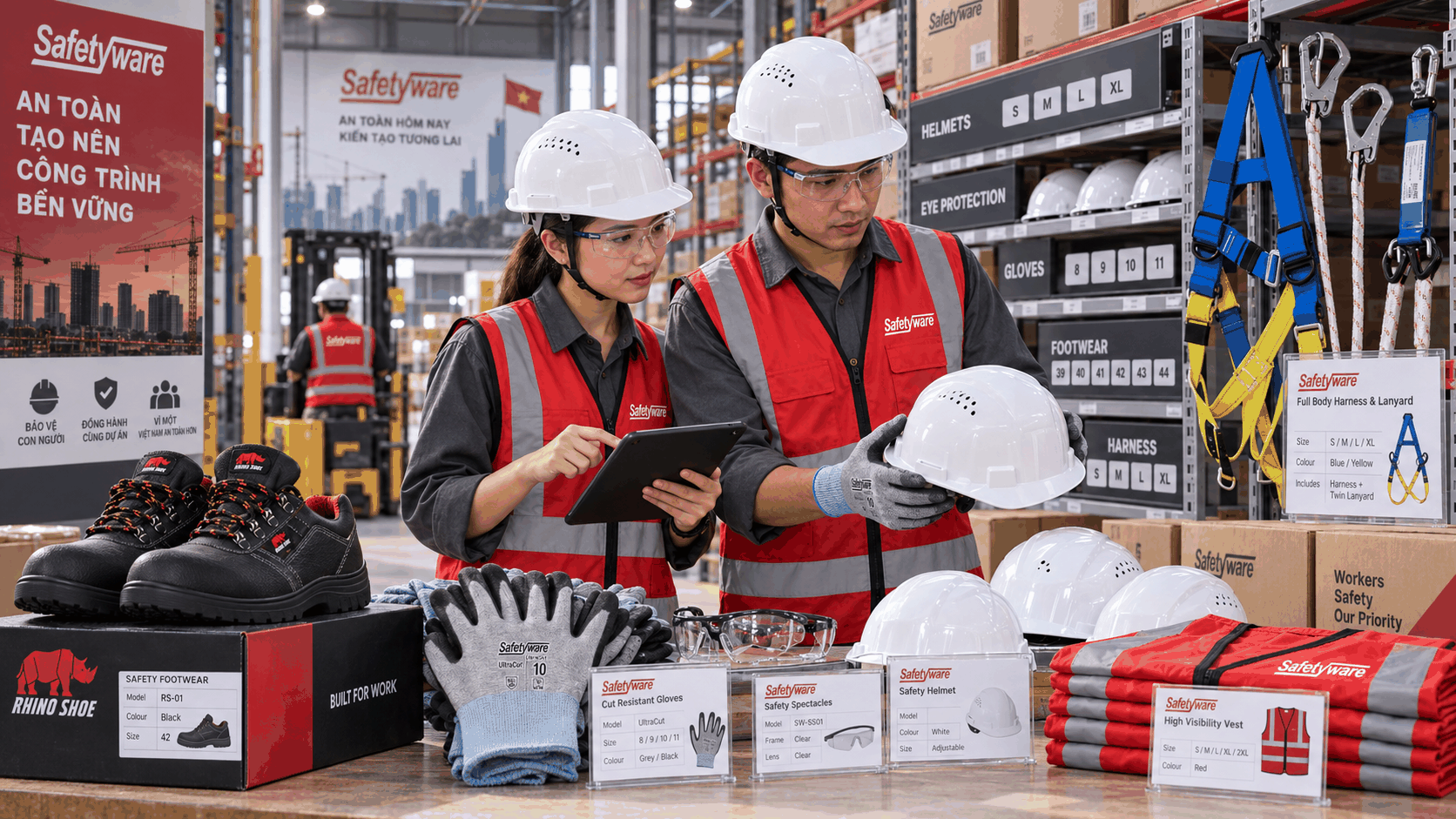 Construction safety team inspecting SAFETYWARE PPE before issue in Vietnam