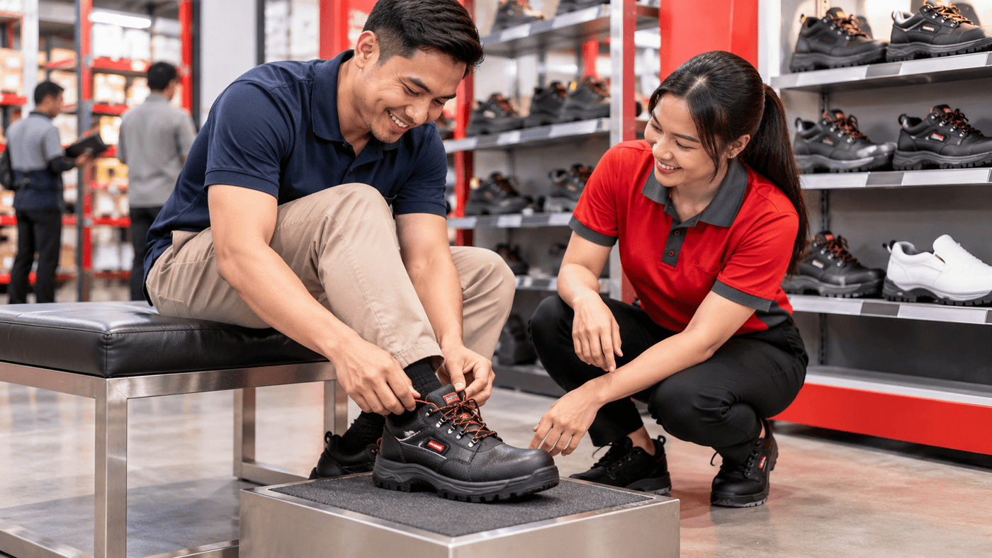 Pengunjung mencuba RHINO SHOE di Jualan Gudang Safetyware Penang