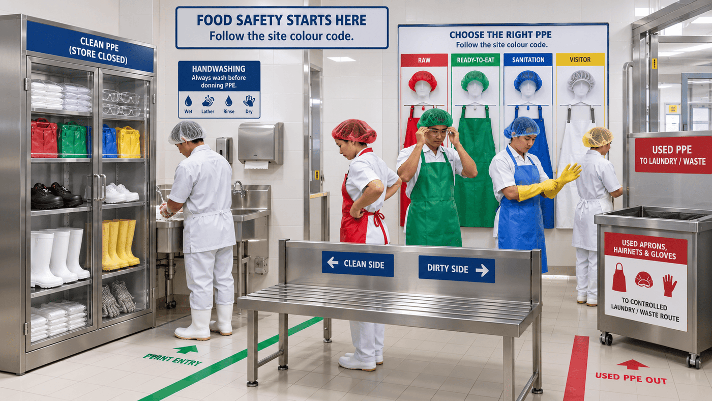 Food factory hygiene zones with colour-coded PPE changing and storage controls