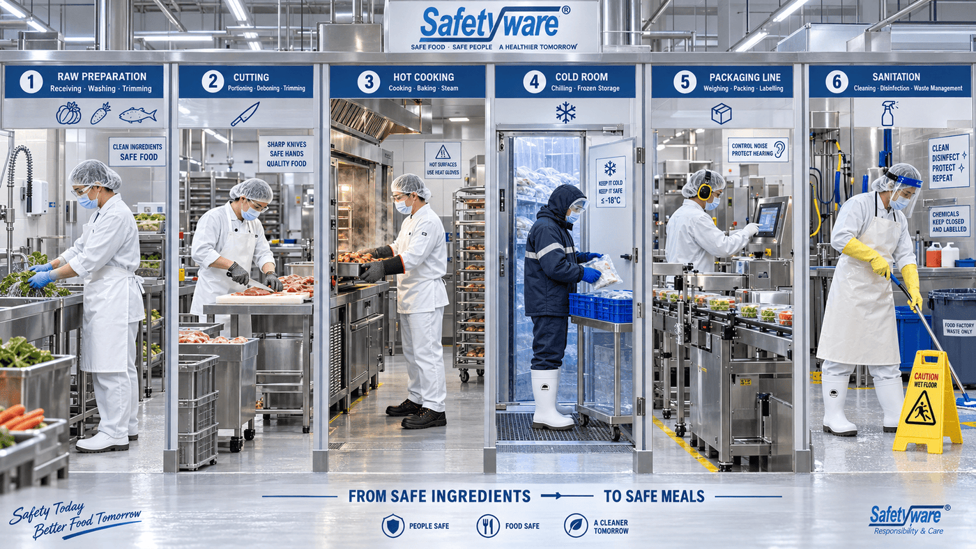 PPE selection for cutting, cooking, cold storage, packaging and sanitation in a food factory