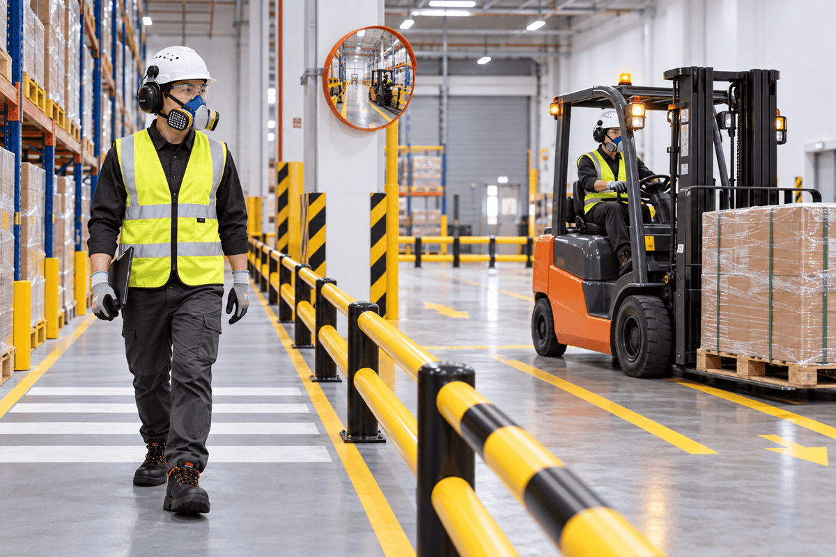 Forklift and pedestrian separation supported by SAFETYWARE high-visibility warehouse PPE