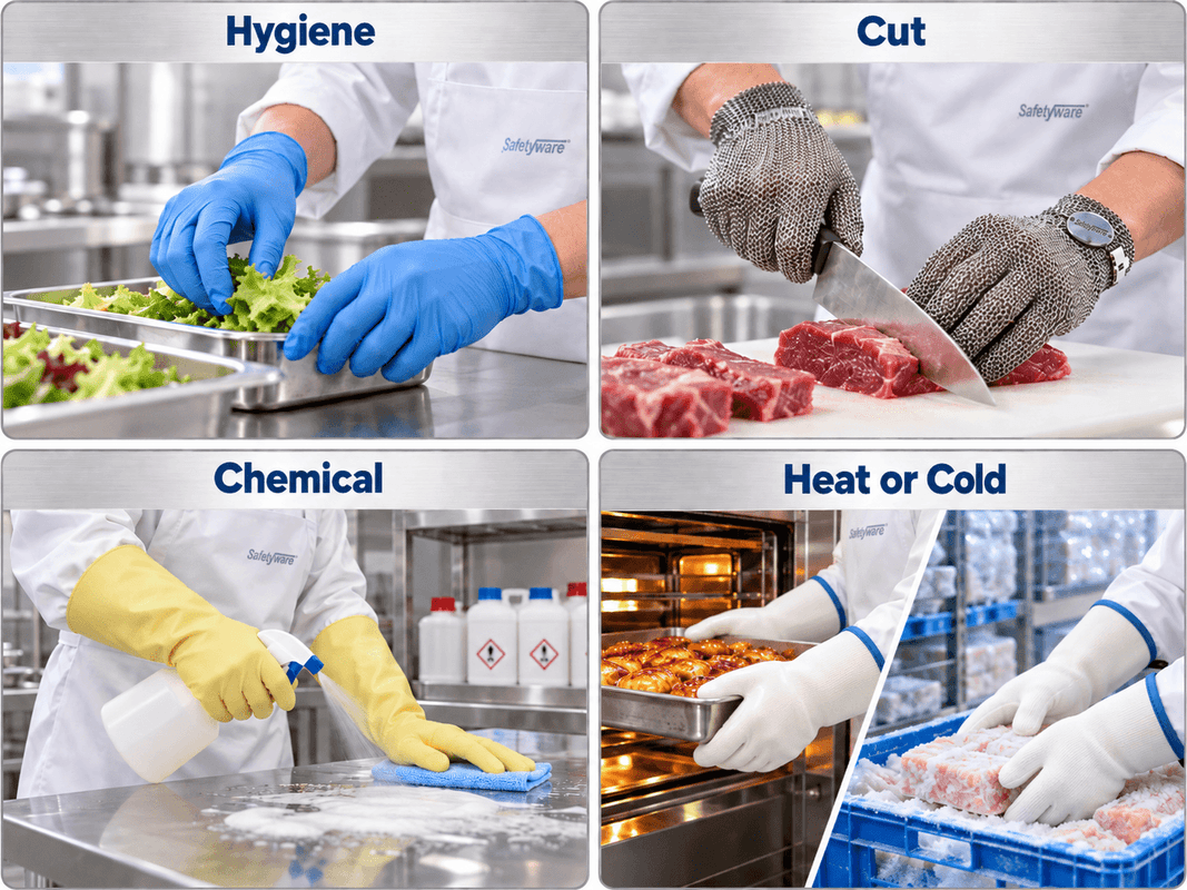 SAFETYWARE disposable, cut, chemical and thermal gloves for food processing tasks