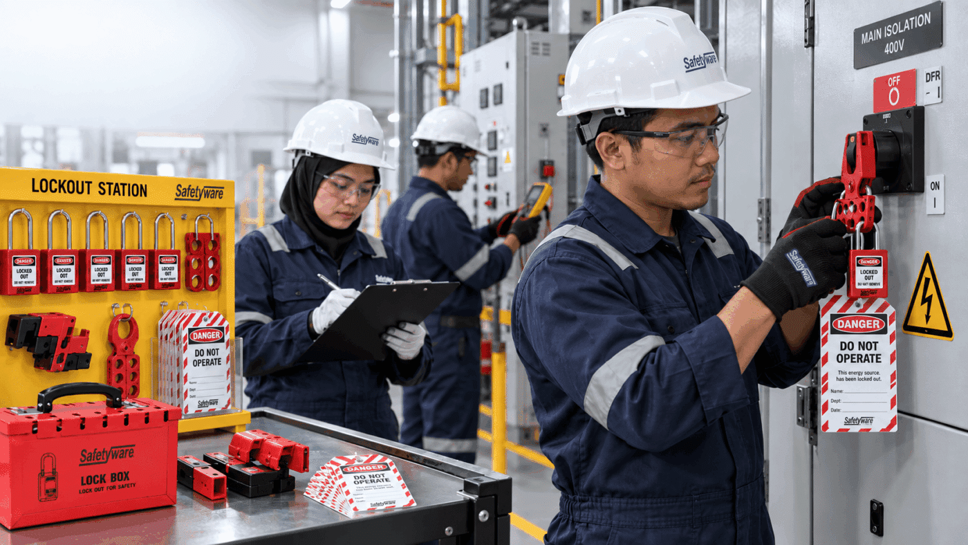 Maintenance team using SAFETYWARE lockout tagout padlocks and danger tags