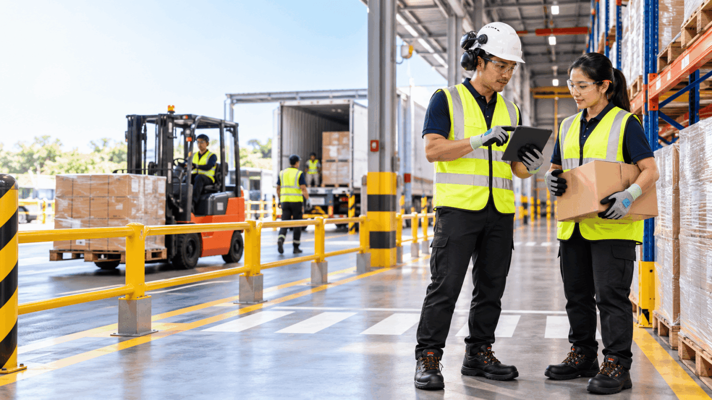 SAFETYWARE logistics PPE checklist in a warehouse with separated forklift and pedestrian routes