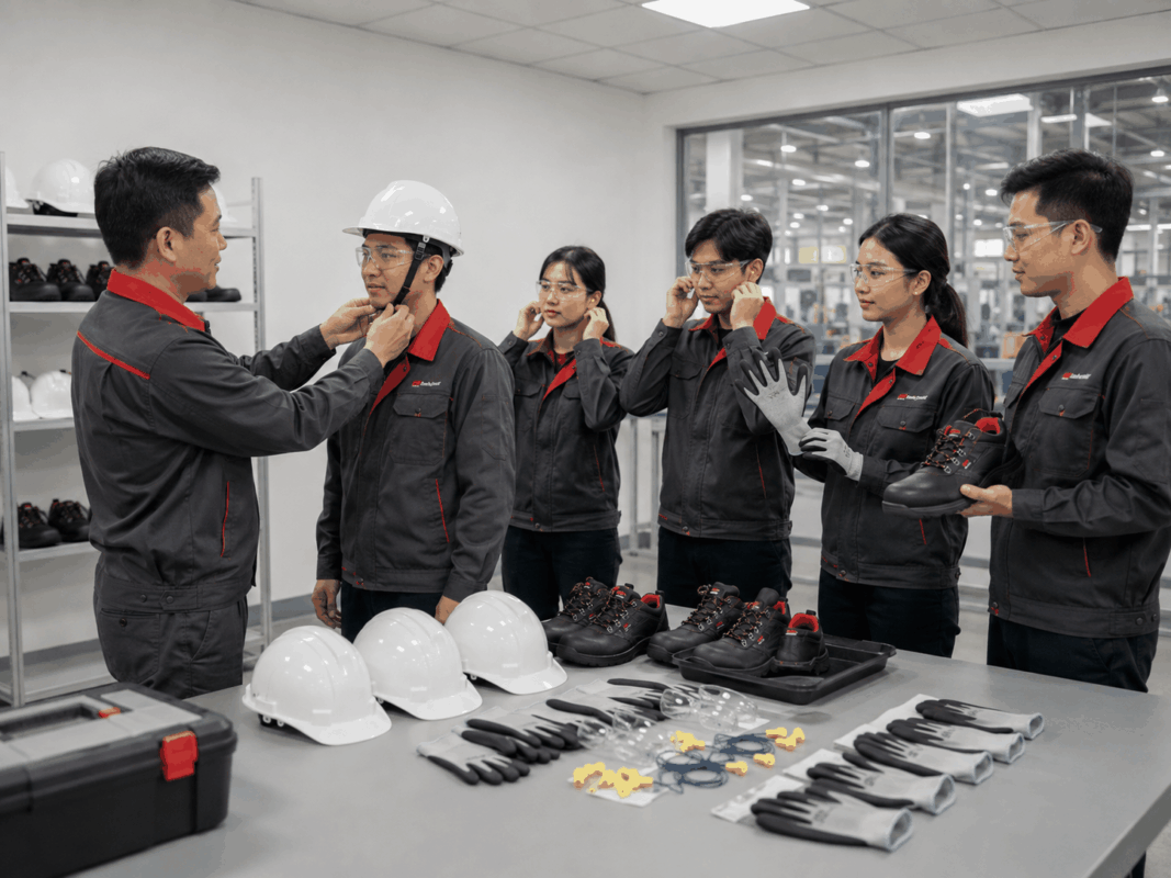 Vietnamese factory workers receiving SAFETYWARE PPE fit and use training