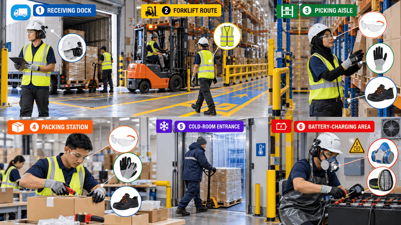 Logistics warehouse hazard zones with task-specific PPE and safety controls