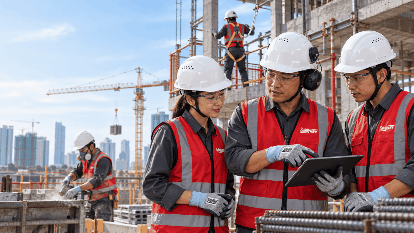 Vietnamese construction workers wearing SAFETYWARE PPE on a modern building site