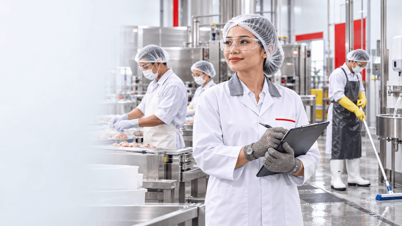 Malaysian food factory workers wearing SAFETYWARE hygiene apparel and protective PPE