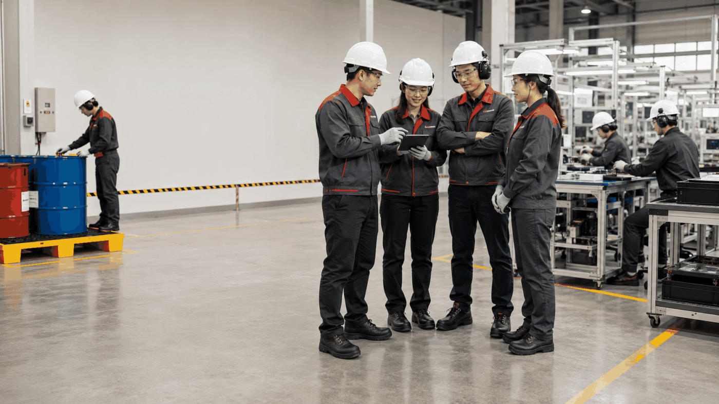Vietnamese manufacturing workers wearing SAFETYWARE PPE in a modern factory