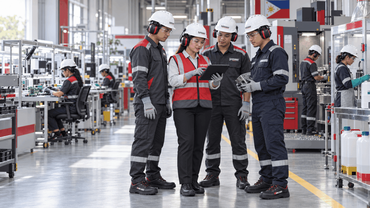 Filipino manufacturing workers wearing SAFETYWARE PPE in a modern factory