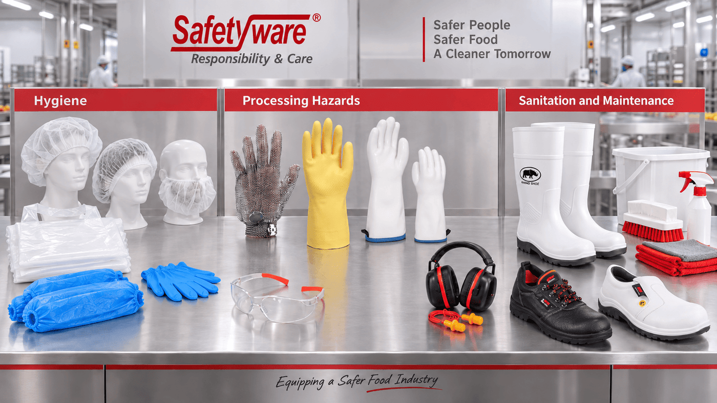 SAFETYWARE hygiene apparel, gloves, eye protection, hearing protection and RHINO SHOE boots