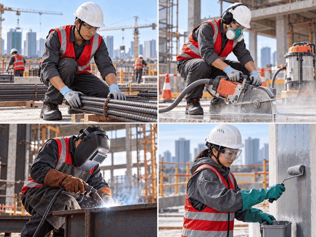 Construction PPE for rebar, concrete cutting, welding and chemical work in Vietnam