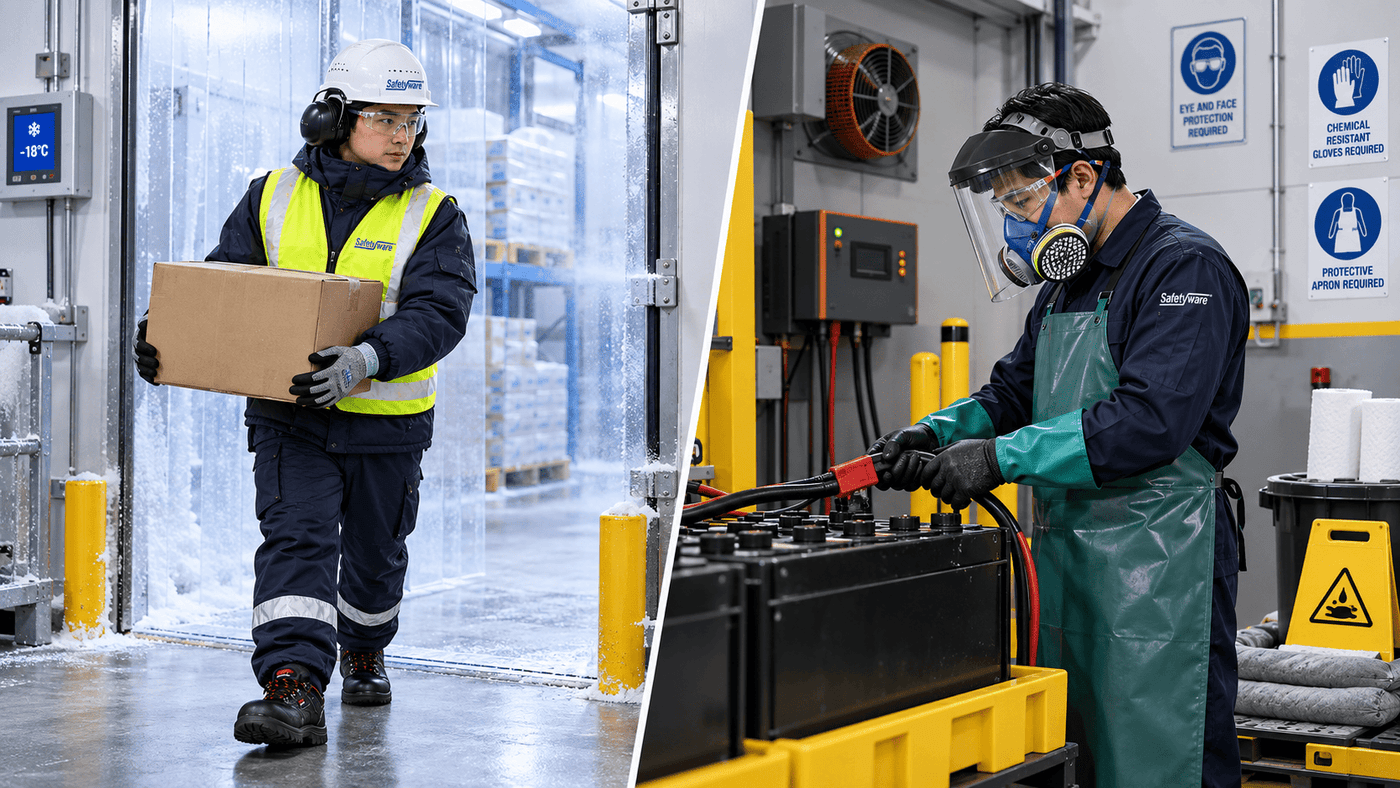 Cold storage and battery charging PPE for warehouse logistics tasks