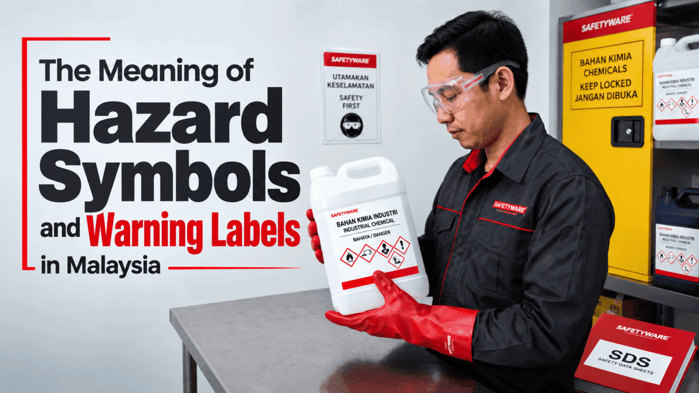 Worker reading GHS hazard symbols on a chemical warning label in Malaysia