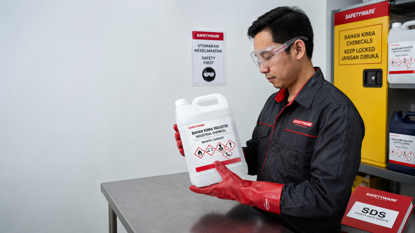 Worker reading GHS hazard symbols on a chemical warning label in Malaysia