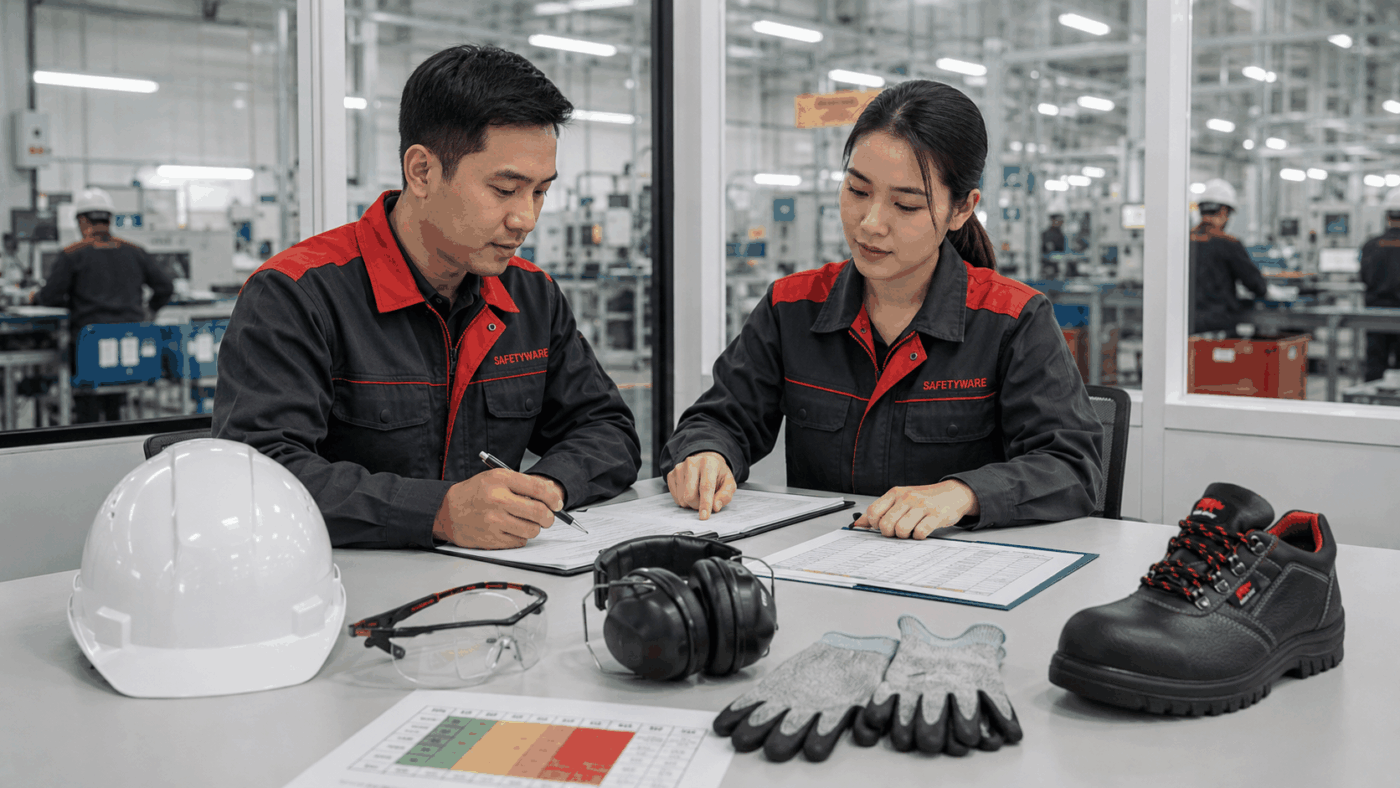 Vietnamese factory safety team reviewing PPE selection and issue records