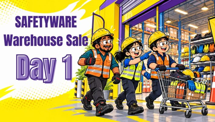 Illustrated Safetyware Warehouse Sale campaign image for Day 1 in Penang
