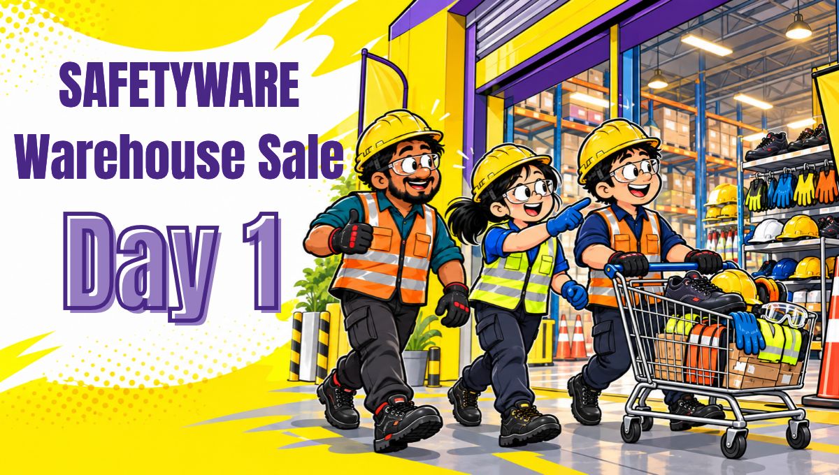 Illustrated Safetyware Warehouse Sale campaign image for Day 1 in Penang