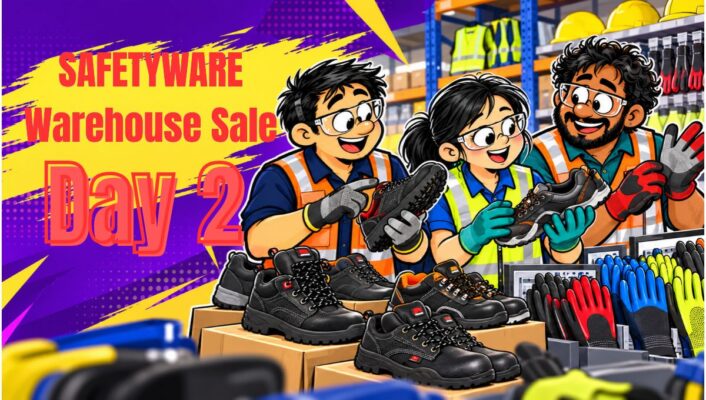 Illustrated safety shoes and PPE campaign image for the Penang Warehouse Sale