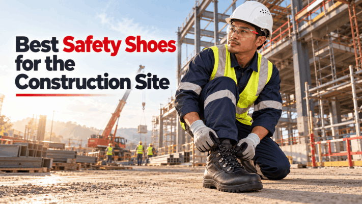 Southeast Asian construction worker wearing RHINO SHOE safety boots on a building site