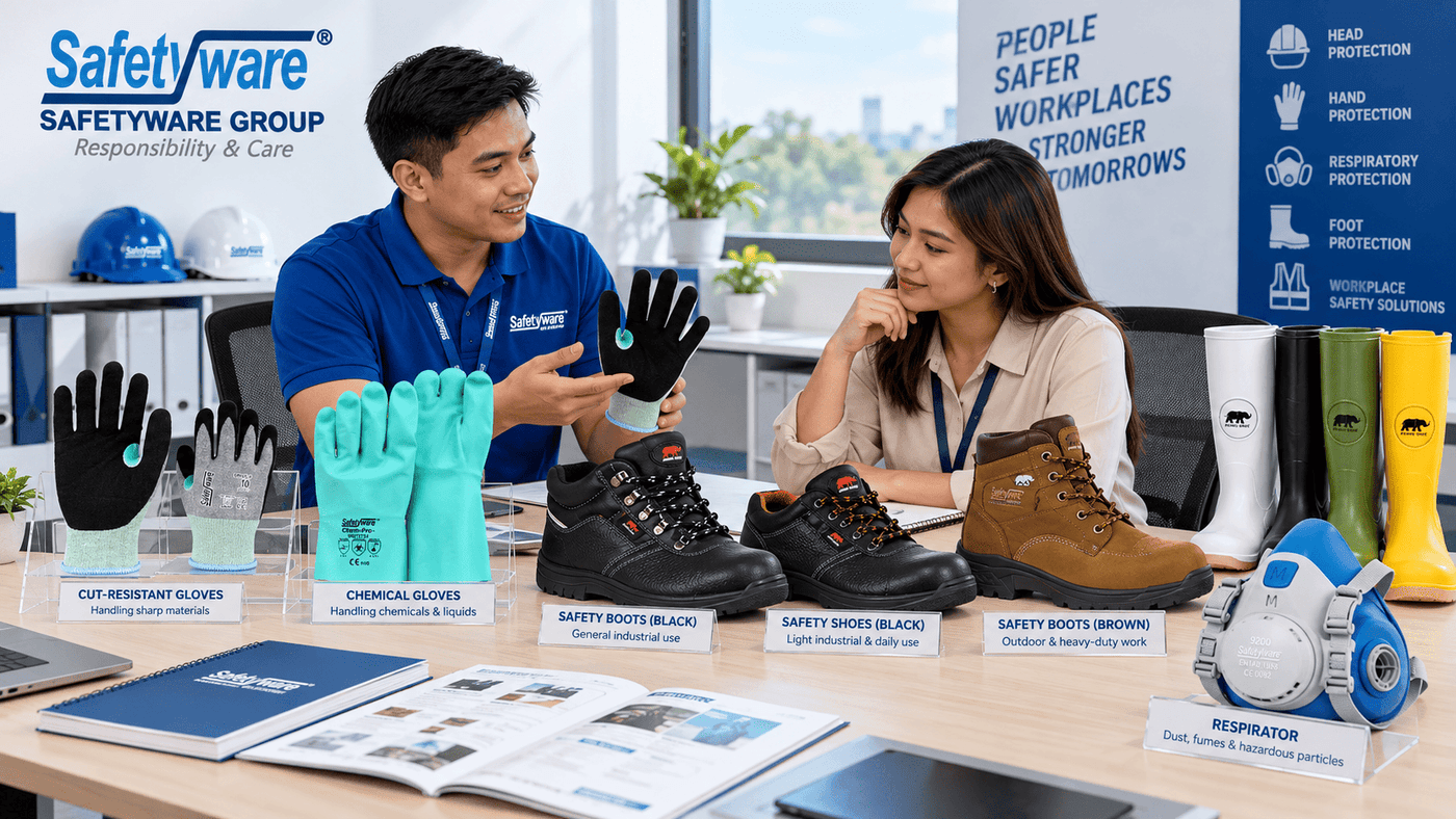 PPE buyer discussing SAFETYWARE equipment and RHINO SHOE footwear with a product adviser.