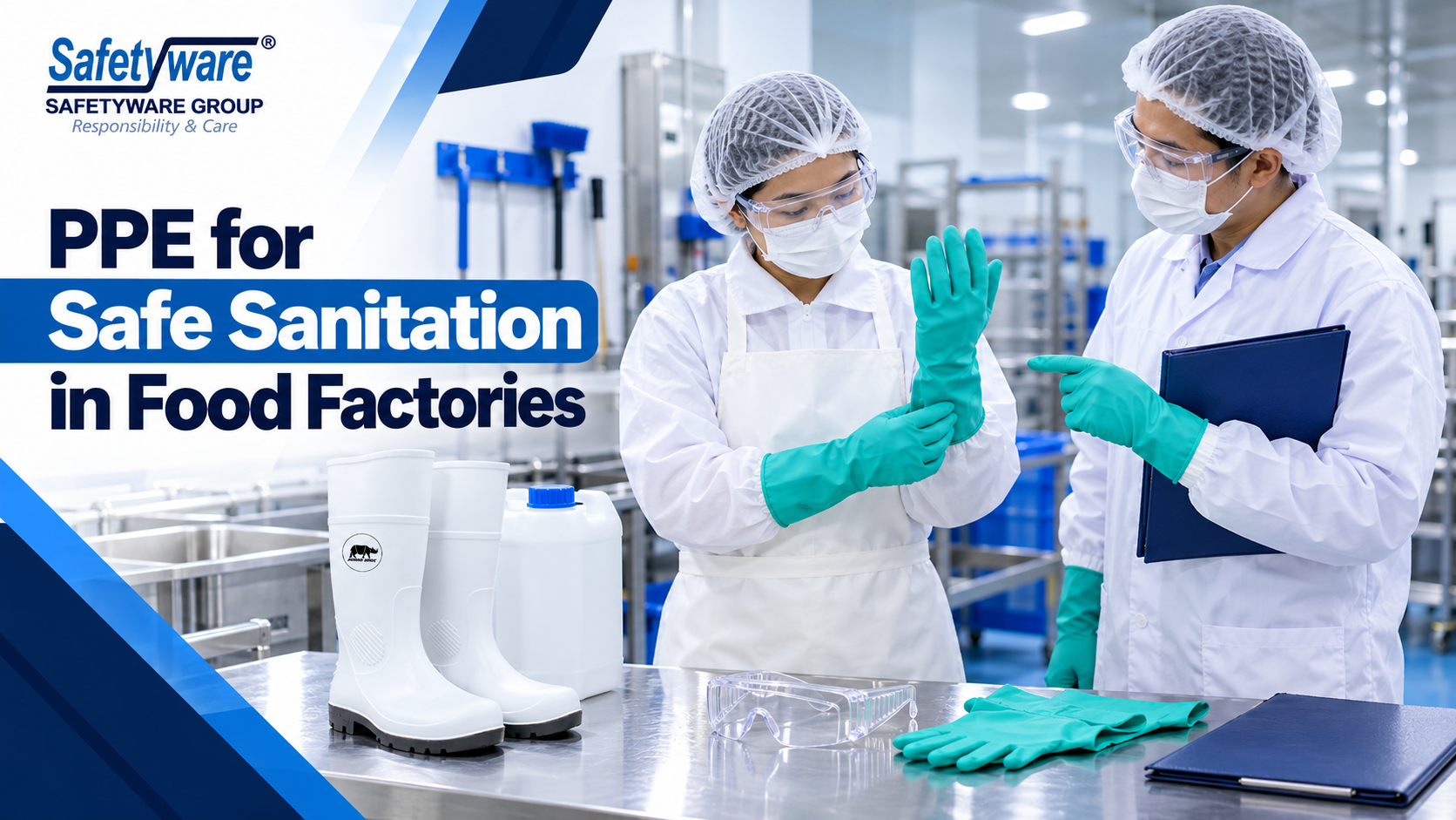 Food-factory sanitation team checking chemical-protective PPE before use.
