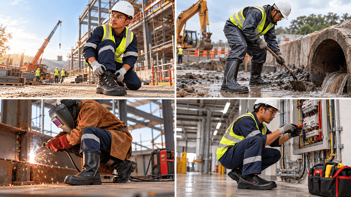 Different RHINO SHOE safety footwear selected for building, wet work, hot work and electrical tasks